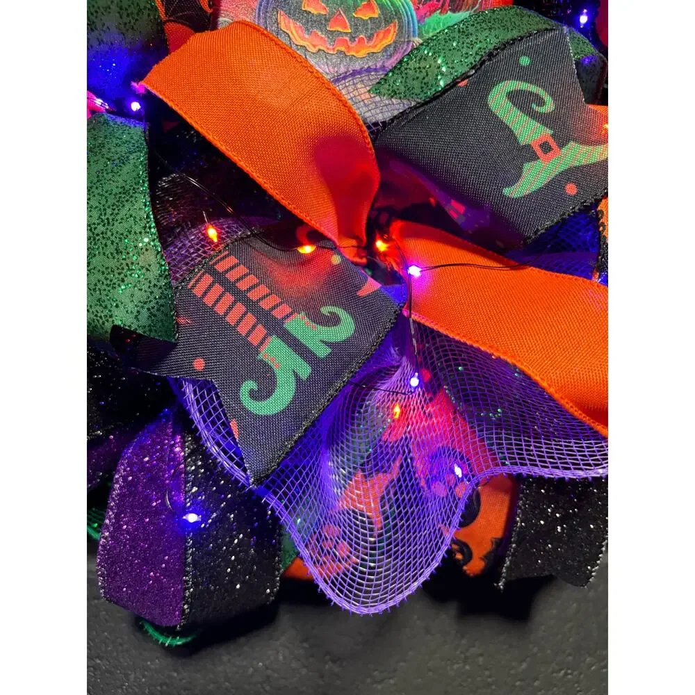Pre Lit Halloween Wreath Glowing Pumpkin Light Up 24 Inch Handmade Deco Mesh